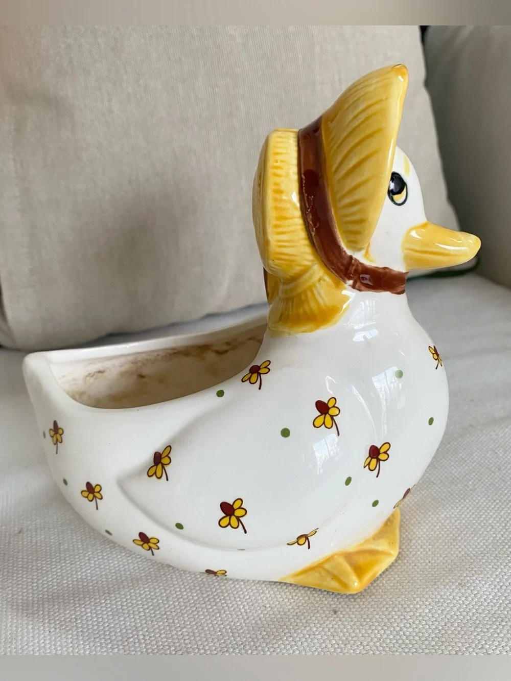 Vtg 70s Josef Originals Country Duck Ceramic Planter Mother Goose Bonnet & Bow